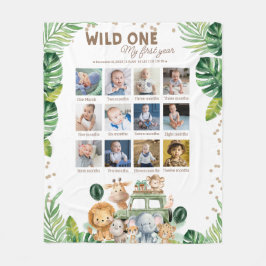 Wild One Safari 誕生日 12 か月フォトコラージュ  フリースブランケット