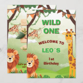 Wild One Safari 1歳の誕生日招待状 | ジャングル 招待状 (正面/裏面)