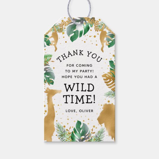 Wild One Safari 1歳の誕生日 グリーン ゴールド ホワイト ギフトタグ (正面)