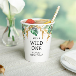 Wild One Safari 1歳の誕生日 グリーン ゴールド ホワイト 紙コップ