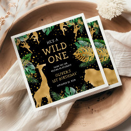 Wild One Safari 1st バースデーパーティー グリーン ブラック スタンダードカクテルナプキン