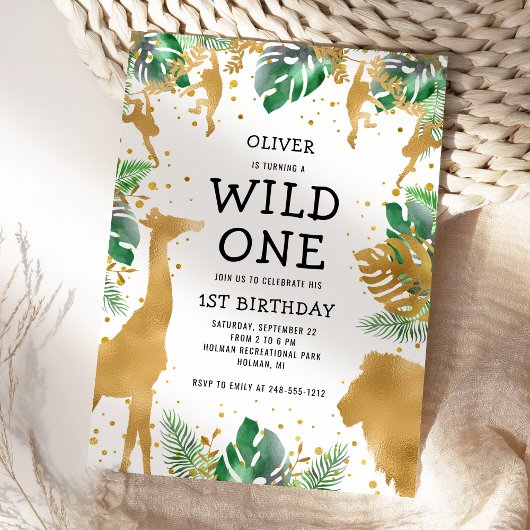 Wild One Safari 1st バースデー グリーン ゴールド ブラック 招待状