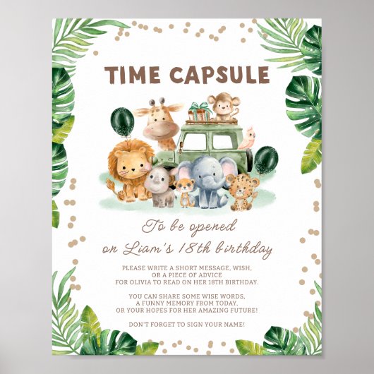 Wild One Safari 1st Birthday Time Capsule Sign ポスター (正面)