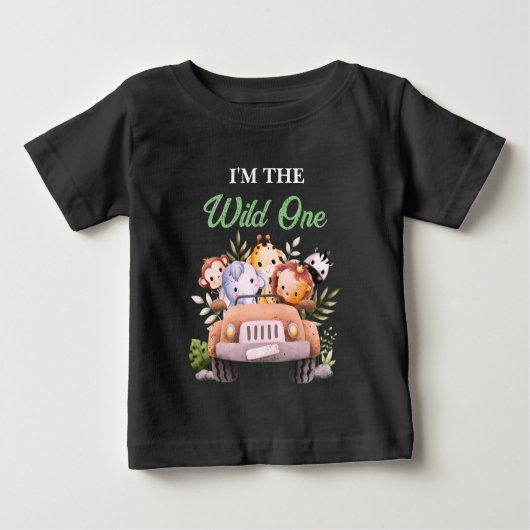 Wild One Safari Animals バースデー ブラック ベビーTシャツ (正面)