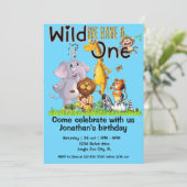 Wild One Safari Animals 1st Birthday cartoon 招待状 (スタンド正面)