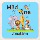 Wild One Safari Animals 1st Birthday cartoon Invit スクエアペーパーコースター (正面)
