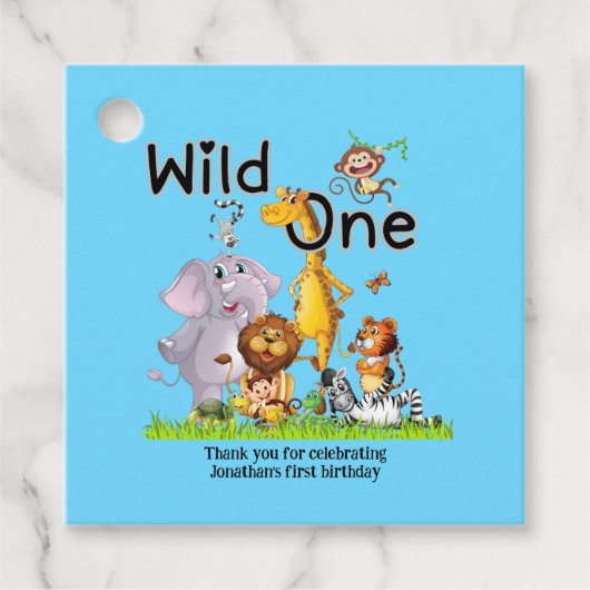 Wild One Safari Animals 1st Birthday cartoon Invit フェイバータグ (正面)