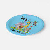 Wild One Safari Animals 1st Birthday cartoon Invit ペーパープレート (アングル)