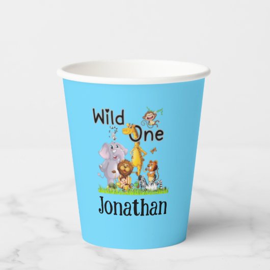 Wild One Safari Animals 1st Birthday cartoon Invit 紙コップ (正面)
