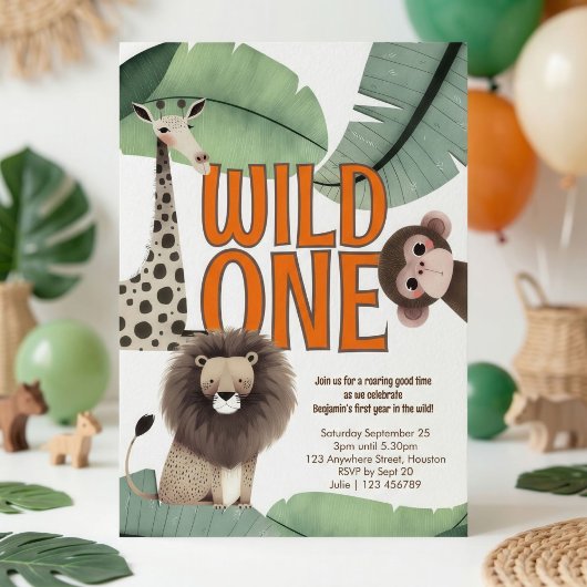 Wild One Safari Animals 1st Birthday Party 招待状