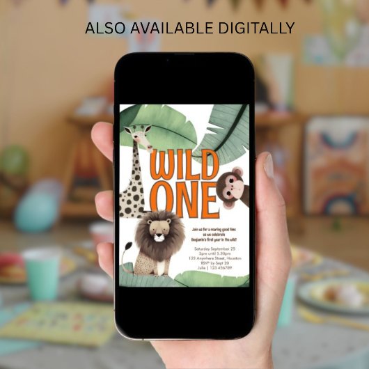 Wild One Safari Animals 1st Birthday Party 招待状