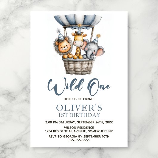 Wild One Safari Animals 1st Birthday Party 招待状