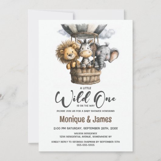 Wild One Safari Animals Baby Shower 招待状 (正面)