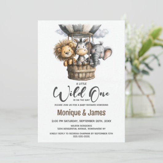 Wild One Safari Animals Baby Shower 招待状 (スタンド正面)