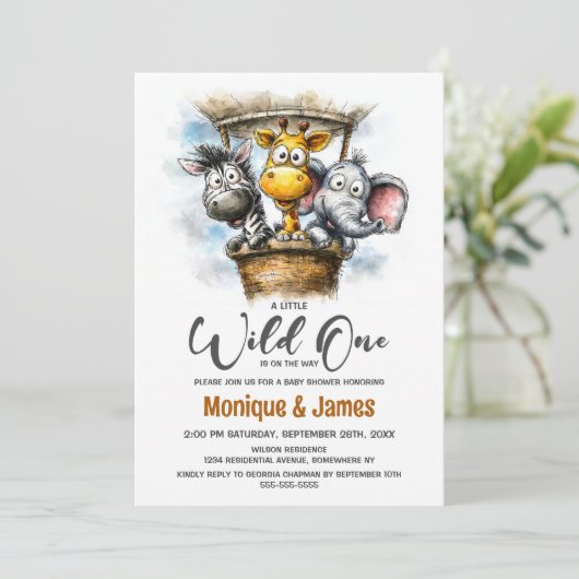 Wild One Safari Animals Baby Shower 招待状 (スタンド正面)