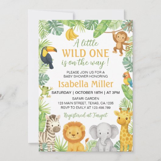 Wild One Safari Animals Baby Shower 招待状 (正面)