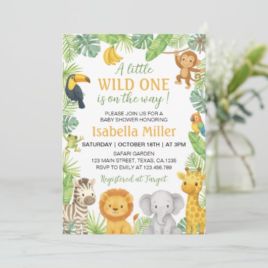 Wild One Safari Animals Baby Shower 招待状 (スタンド正面)