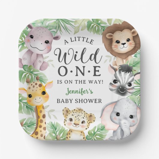 Wild One Safari Animals Baby Shower Gender Neutral ペーパープレート (正面)