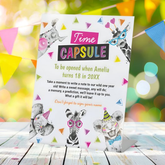 Wild One Safari Animals Birthday Time Capsule Sign 台座サイン
