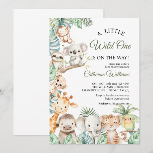 Wild One Safari Animals Boy Baby Shower 招待状 (正面/裏面)