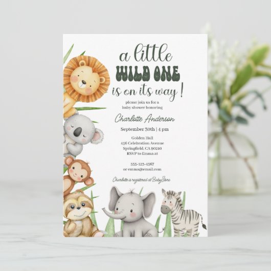 Wild One Safari Animals Boy Baby Shower 招待状 (スタンド正面)