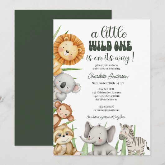 Wild One Safari Animals Boy Baby Shower 招待状 (正面/裏面)