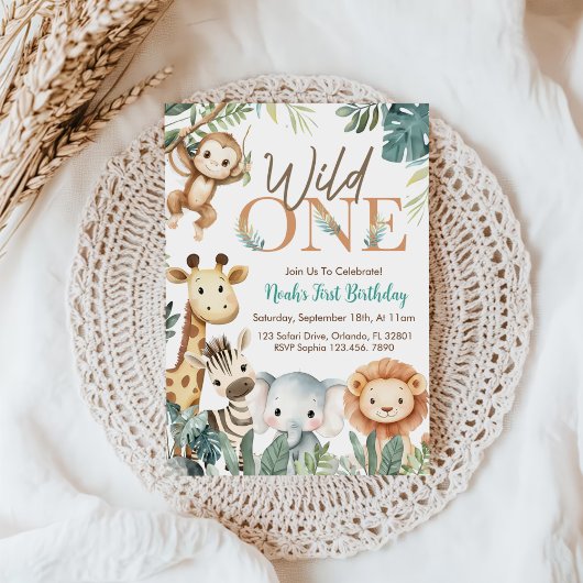 Wild One Safari Animals Boy Birthday Party 招待状