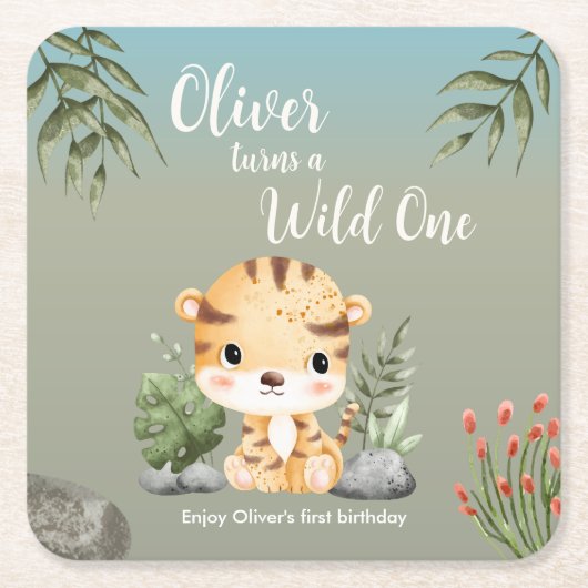 Wild One Safari Animals Cute Tiger 1st Birthday スクエアペーパーコースター (正面)