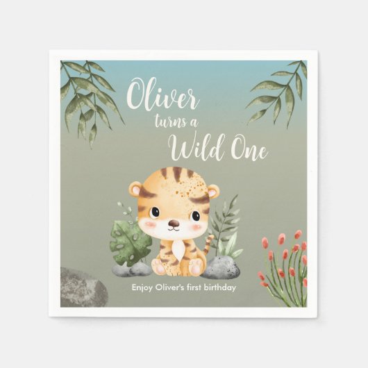 Wild One Safari Animals Cute Tiger 1st Birthday スタンダードカクテルナプキン (正面)