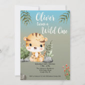 Wild One Safari Animals Cute Tiger 1st Birthday 招待状 (正面)