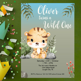 Wild One Safari Animals Cute Tiger 1st Birthday 招待状