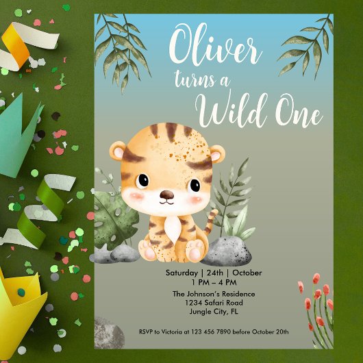 Wild One Safari Animals Cute Tiger 1st Birthday 招待状