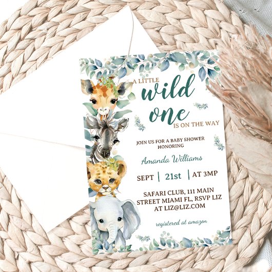 Wild One Safari Animals Sage Green ベビーシャワー 招待状