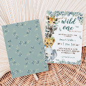 Wild One Safari Animals Sage Green ベビーシャワー 招待状