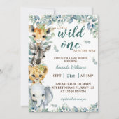 Wild One Safari Animals Sage Green ベビーシャワー 招待状 (正面)