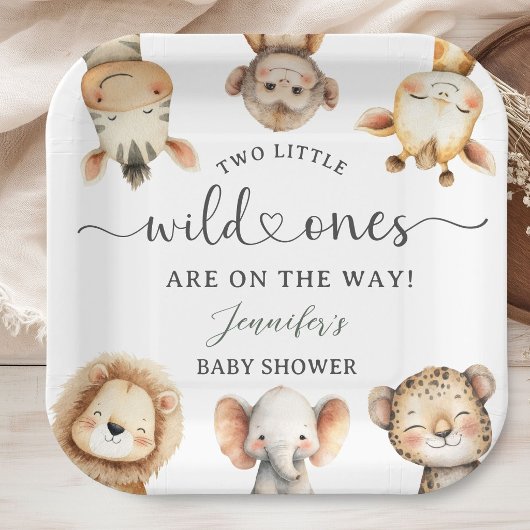 Wild One Safari Animals Twin Baby Shower ペーパープレート