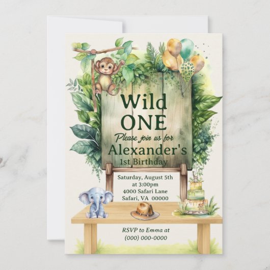 Wild ONE Safari Birthday Greenery Jungle Animals  招待状 (正面)