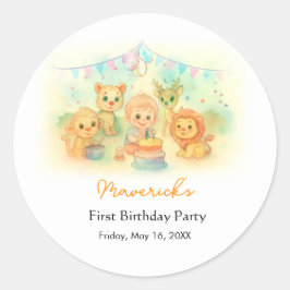 Wild One Safari Boy 1st Birthday Jungle Party ラウンドシール