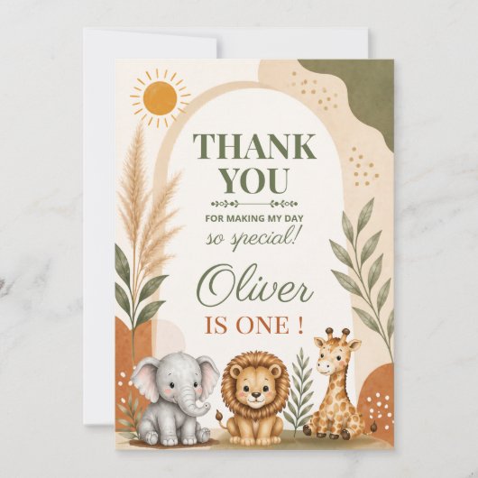 Wild One Safari First Birthday サンキューカード (正面)