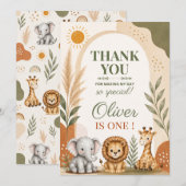 Wild One Safari First Birthday サンキューカード (正面/裏面)