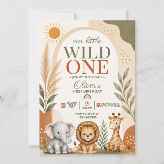Wild One Safari First Birthday 招待状 (正面)