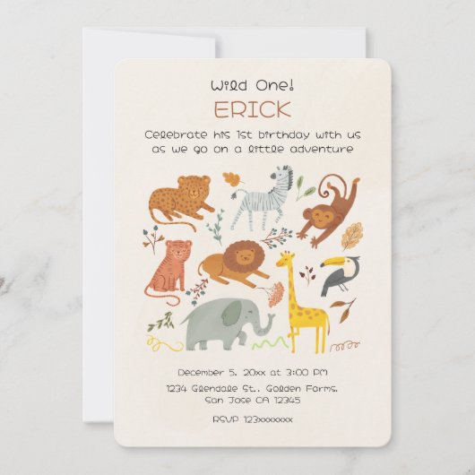 Wild One Safari First Birthday Invitation for Boys 招待状 (正面)
