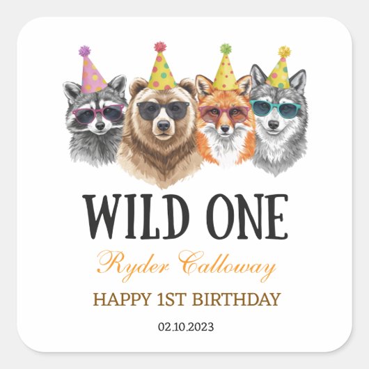 Wild One Safari First Birthday – Jungle Animal  スクエアシール (正面)
