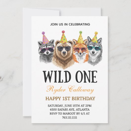 Wild One Safari First Birthday – Jungle Animal  招待状 (正面)
