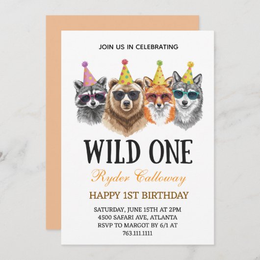 Wild One Safari First Birthday – Jungle Animal  招待状 (正面/裏面)