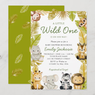 Wild One Safari jungle Animals Boy Baby Shower  招待状