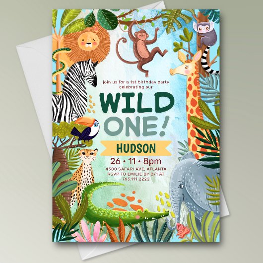 Wild one safari jungle animals boy birthday 招待状