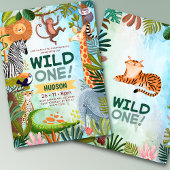 Wild one safari jungle animals boy birthday 招待状
