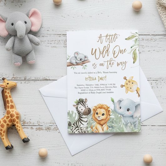 Wild One Safari Jungle cute Animals Baby Shower 招待状