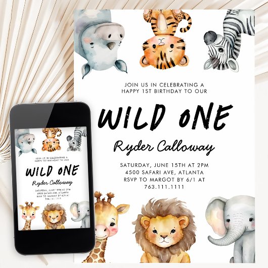 Wild One Safari Theme First Birthday Party 招待状